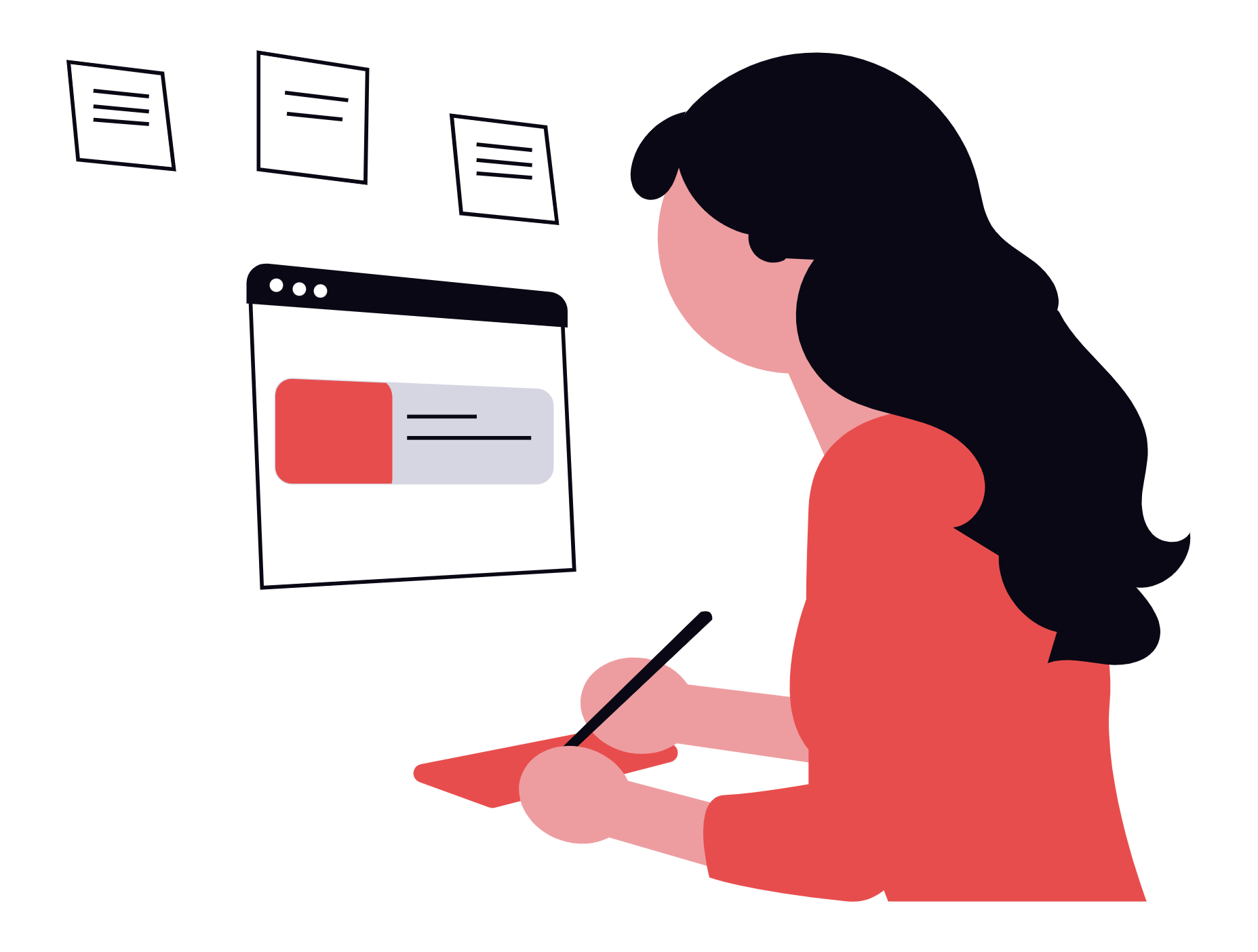 Femme qui écrit sur tablette – interface numérique Illustration d’une femme de profil écrivant sur une tablette avec un stylet, devant une interface numérique flottante et plusieurs documents.